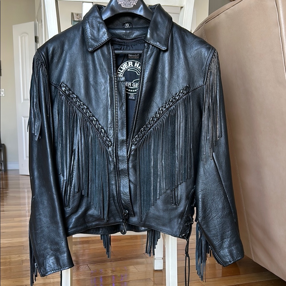 Black Leather Fringed Jacket with Glossy Finish and Standard Collar
